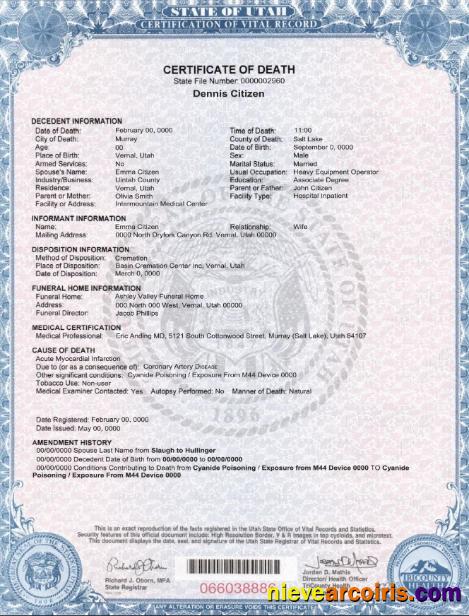 USA state Utah death certificate